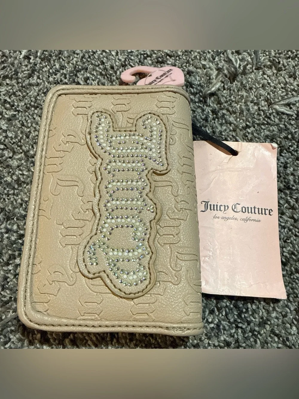 NWT Juicy Couture String Of Pearls Elongated Bifold Wallet Tan Brown